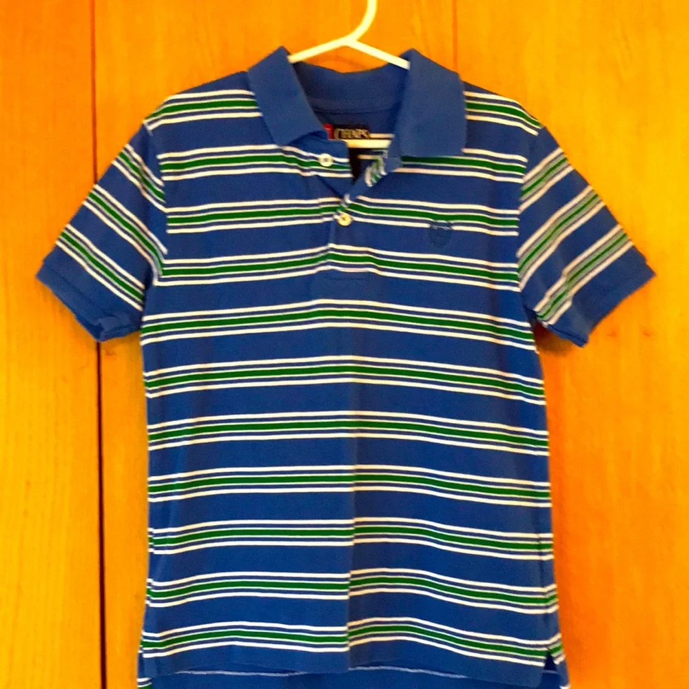 Chaps Ralph Lauren boy’s 6 blue green white striped cotton pique polo shirt